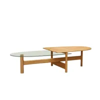 table basse ovale design chêne massif et verre double plateau