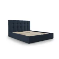 lit coffre avec tête de lit 160x200 cm en tissu structuré bleu foncé