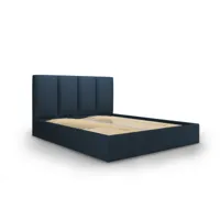 lit coffre avec tête de lit 160x200 cm en tissu structuré bleu foncé
