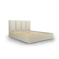 lit coffre avec tête de lit 140x200 cm en tissu structuré beige