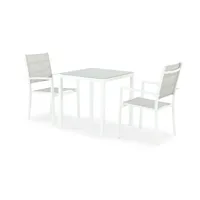 ensemble de table fixe 70×70 et 2 chaises de jardin blanches