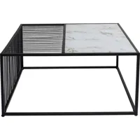 table basse carrée en verre effet marbre blanc et acier