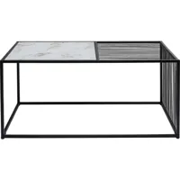 table basse en verre effet marbre blanc et acier