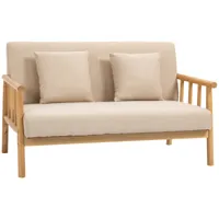 canapé lounge 2 places avec coussins - bois hévéa aspect lin beige