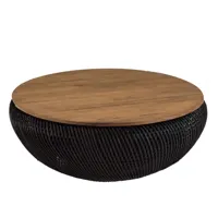 table basse ronde en rotin noir plateau amovible d100