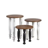 set de 3 tables en bois marron, blanc et noir diamètre 40 cm