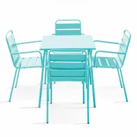 ensemble table de jardin carrée et 4 fauteuils acier turquoise