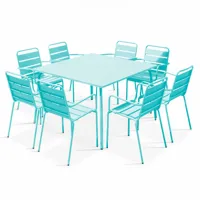 ensemble table de jardin carrée et 8 fauteuils en métal turquoise