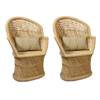 lot de 2 fauteuils en bambou naturel avec deux coussins beiges