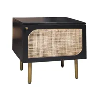 meuble d'appoint en bois de manguier, rotin et pieds en métal doré