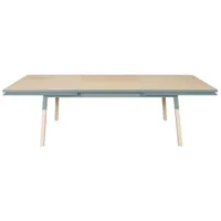 table 220x120 cm en frêne massif, 2 rallonges bleu gris lehon