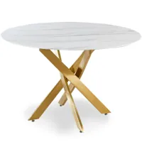 table ronde verre effet marbre blanc et pieds or