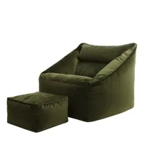 pouf fauteuil avec repose-pied carré velours vert olive