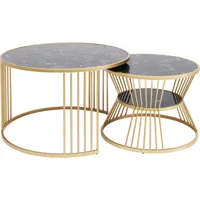 2 tables basses en marbre minéral noir et acier doré