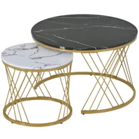 ensemble de 2 table basse gigogne en effet marbre rondes cadre dorée