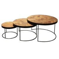 biarritz-set de 3 tables basses gigognes en teck massif et métal noir