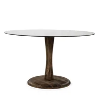 table à manger ronde en verre et bois de manguier d130cm bois foncé