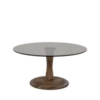 table basse ronde en verre et bois de manguier d70cm bois foncé