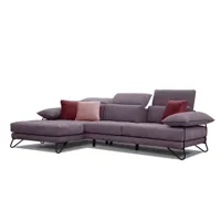 canapé d'angle gauche 4 places en tissu violet avec coussins déco