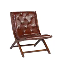 fauteuil bas en bois et cuir marron