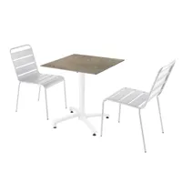 ensemble table de terrasse marbre beige et 2 fauteuils blanc