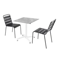 ensemble table de terrasse stratifié marbre et 2 fauteuils gris