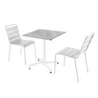 ensemble table de terrasse stratifié marbre avec 2 fauteuils blanc