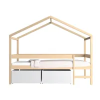 lit cabane + tiroirs en bois et mdf naturel 90 x 190 cm