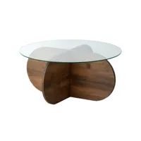 table basse design d75cm pin massif foncé et verre trompé transparent