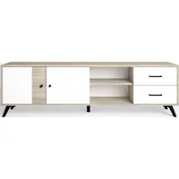 meuble tv 2 portes 2 tiroirs blanc et effet bois 180 cm