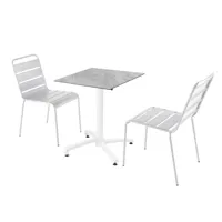 ensemble table de terrasse stratifié marbre et 2 fauteuils blanc