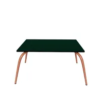 table basse en stratifié verte avec pieds terracotta