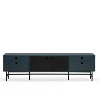 meuble tv design 180cm en bois et métal perforé bleu foncé