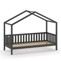 lit enfant cabane avec barrières en bois 90x200cm gris anthracite