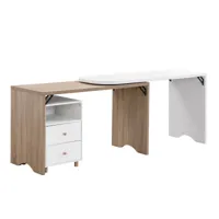 bureau d'angle extensible effet bois et blanc 135cm avec 2 tiroirs