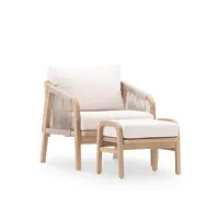 set de 2 fauteuils de jardin avec 2 repose-pieds bois et corde beige