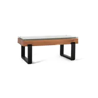table basse bois récupéré et base métal avec plateau en verre