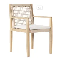 lot de 2 fauteuils en bois d'acacia et corde avec coussins