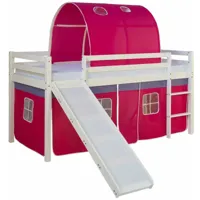 lit mezzanine pour enfant avec sommier toboggan tunnel rideau modèle rose foncé 90x200 cm - rose