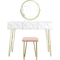 helloshop26 - coiffeuse avec tabouret et miroir pivotant moderne 100 cm rond blanc doré - blanc