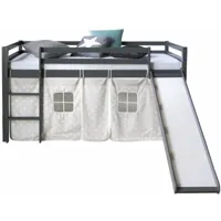 lit mezzanine pour enfant 90x200cm avec échelle toboggan en bois gris avec tissu étoile - gris