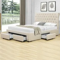 meubler design lit design avec tiroirs hyde - beige - 140x190, tissu, style contemporain, 216.5 x 156 x 104 cm - beige