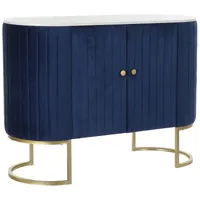 pegane - commode meuble de rangement en bois marbre et velours bleu - longueur 120 x hauteur 85 x profondeur 48 cm