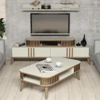 cotecosy - ensemble meuble tv, table basse et étagère chanez chêne et blanc crème - crème