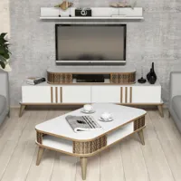 cotecosy - ensemble meuble tv et table basse et étagère chanez bois et blanc - bois / blanc