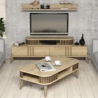 cotecosy - ensemble meuble tv, table basse et étagère chanez marron et chêne - chêne clair