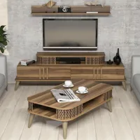 cotecosy - ensemble meuble tv et table basse et étagère chanez bois naturel - bois