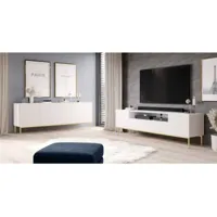 salon complet bobochic ensemble kasha avec meuble tv 200 cm + buffet 4 portes 200 cm pieds or blanc - blanc