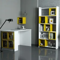cotecosy - ensemble bureau bibliothèque et étagère officila bois blanc et jaune - jaune