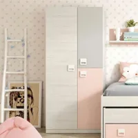 armoire à trois portes avec tringle à vêtements et trois étagères internes, effet bois gris avec détail de porte rose, dimensions 90 x 200 x 52 cm